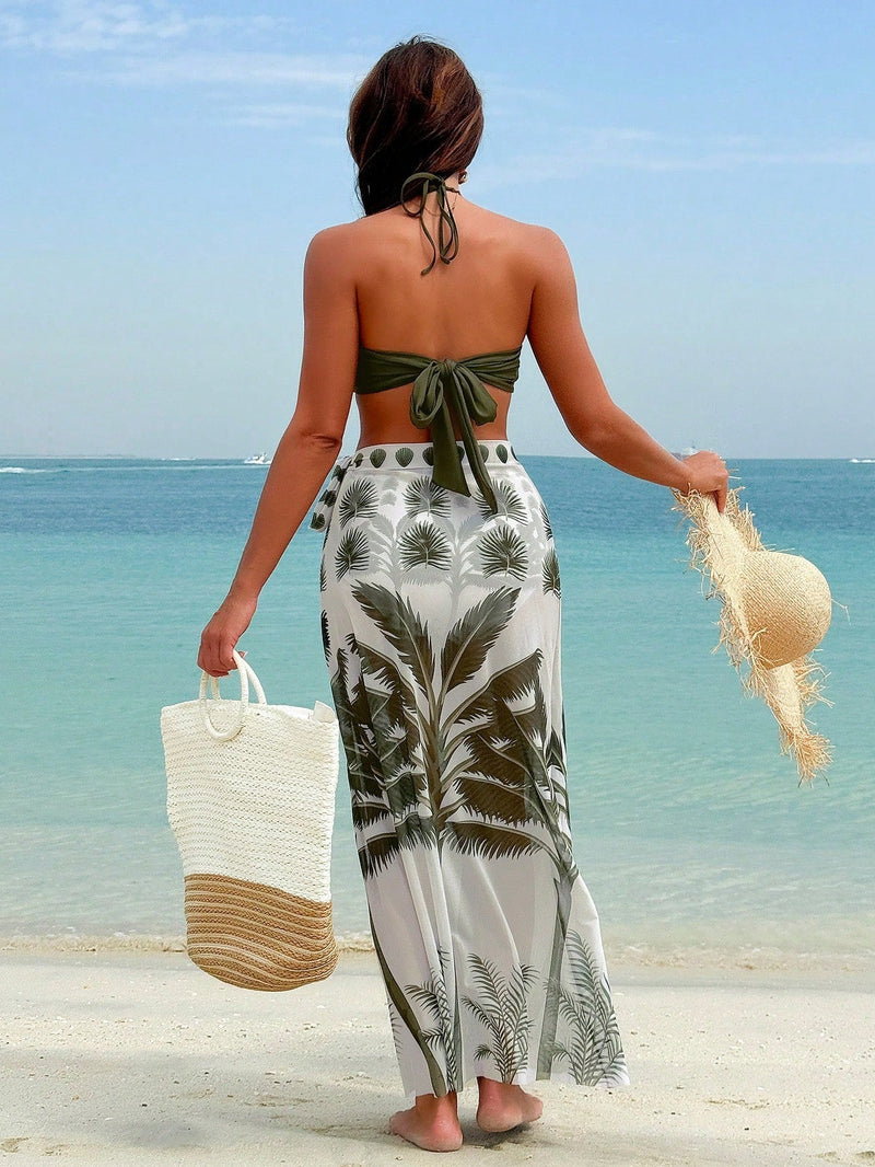 Conjunto de 3 Peças com Estampa Tropical e Saia Longa