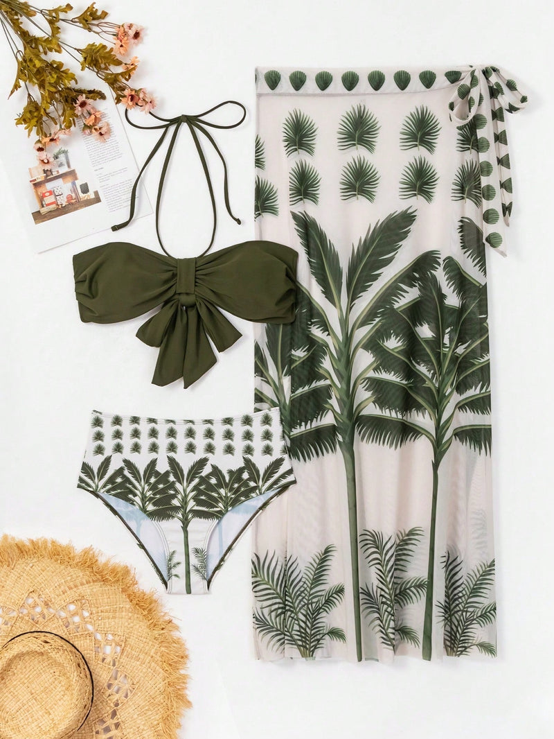 Conjunto de 3 Peças com Estampa Tropical e Saia Longa