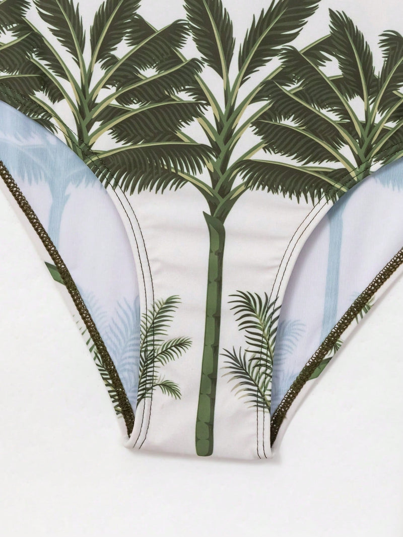 Conjunto de 3 Peças com Estampa Tropical e Saia Longa