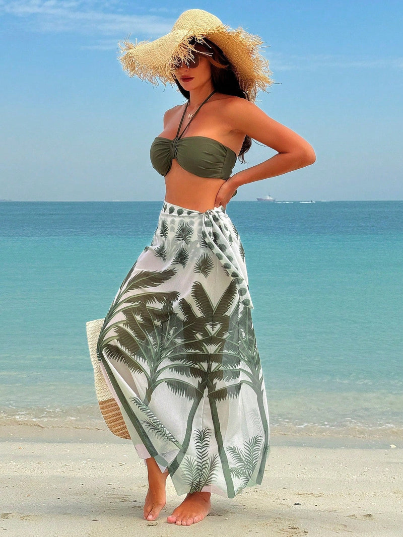 Conjunto de 3 Peças com Estampa Tropical e Saia Longa