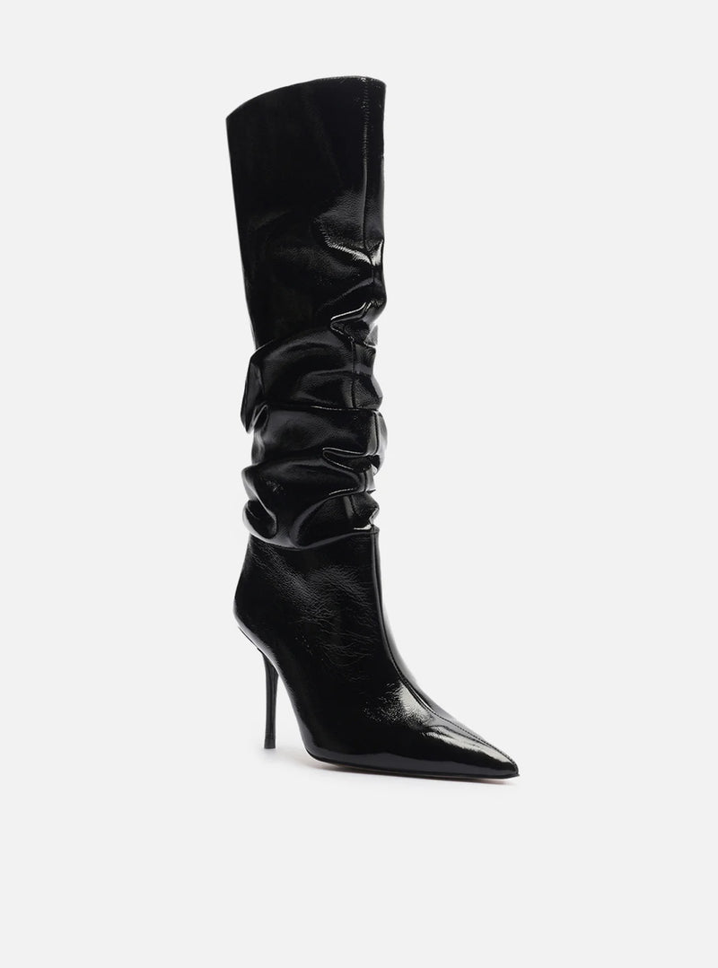 Bota Preta Couro Crinkle Cano Longo Salto Alto Slouch