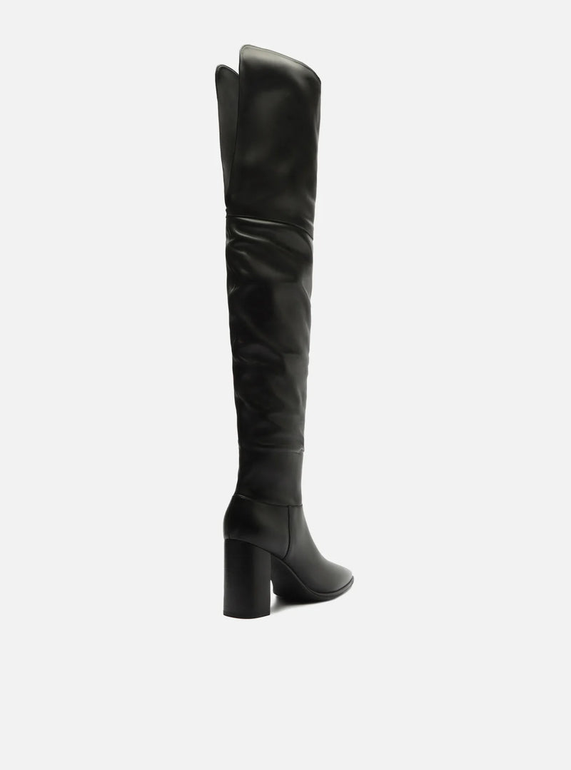 Bota Over The Knee Preta Couro Salto Alto
